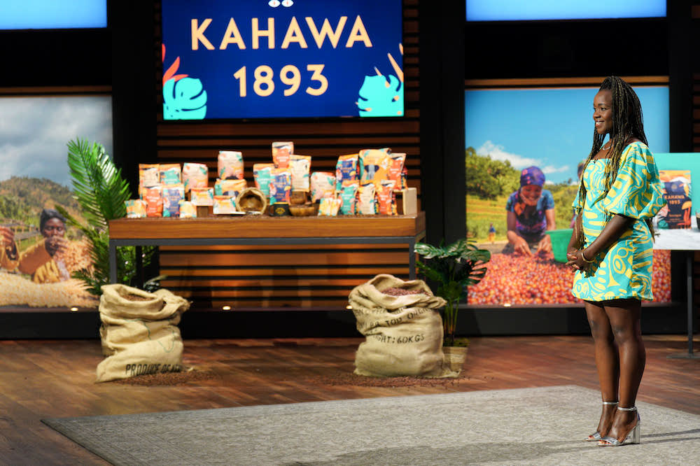 Margaret Kyamumbo of Kahawa Coffee receiving investment on Shark Tank